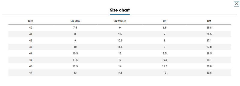 Fox Racing Union Flat MTB Shoe sizing chart