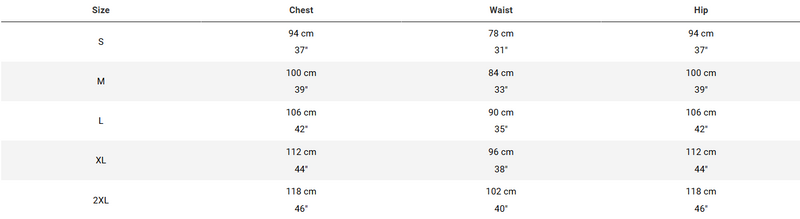 UMA GT Jersey S11 EVO sizing chart