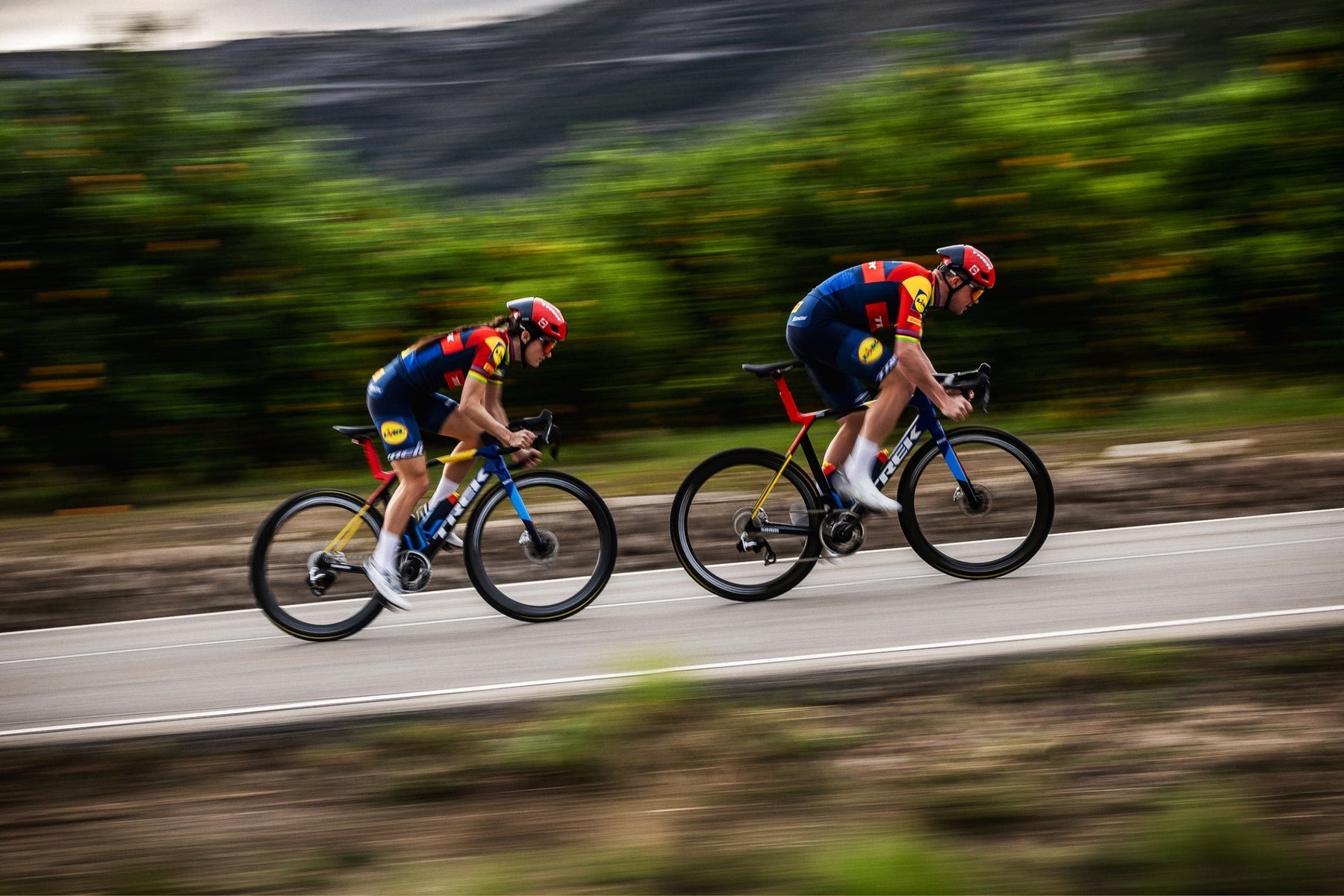lifestyle image, two road bikers on trek bikes