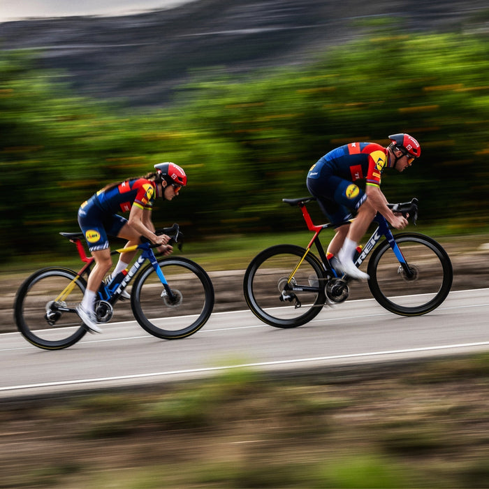 lifestyle image, two road bikers on trek bikes