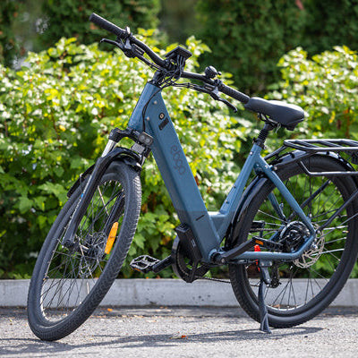 Ebgo Aura Bike lifestyle image framed in front of greenery on a sunny day