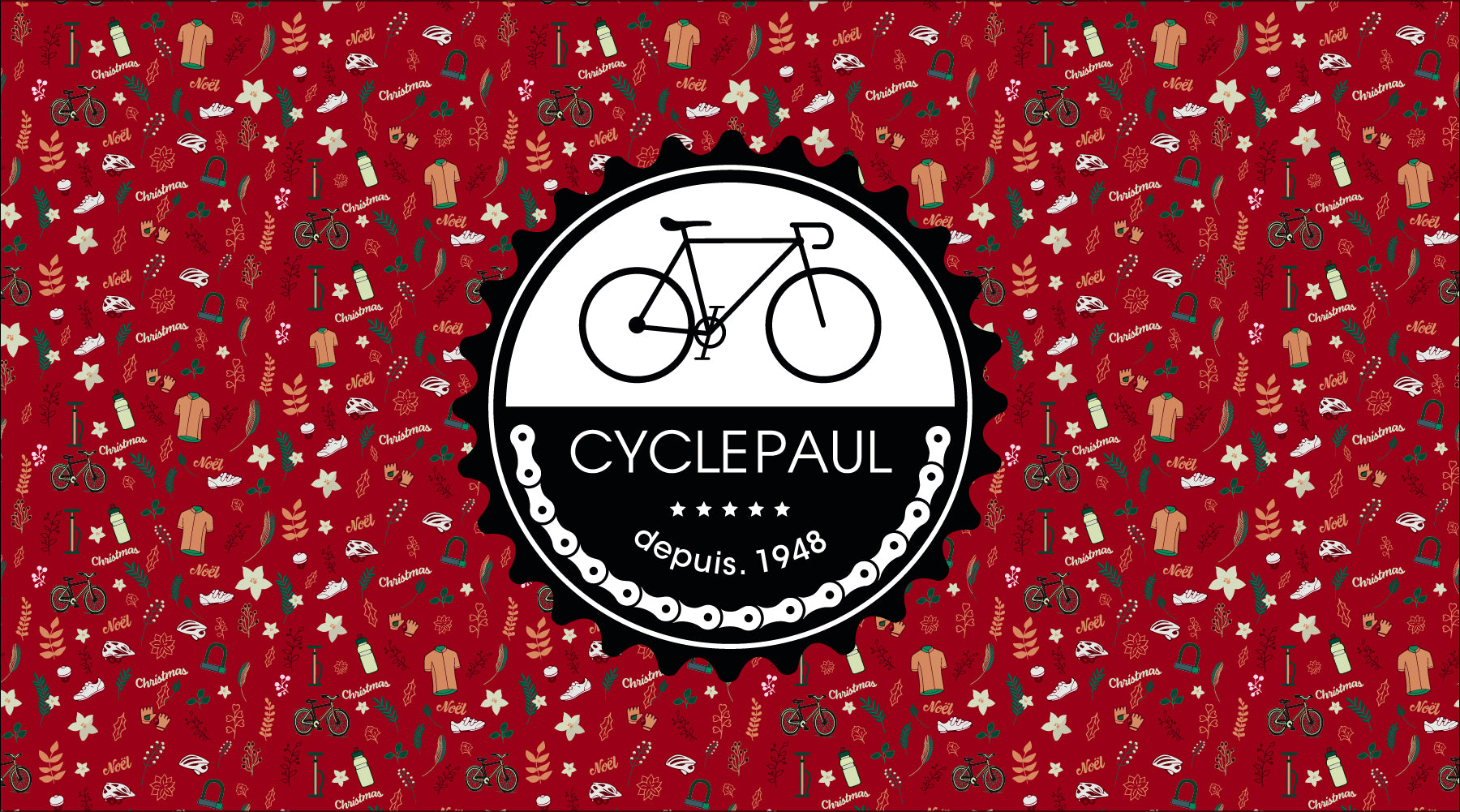 Cycle Paul 12 Days of Christmas promo, festive background with cycling gear / Promo 12 jours de Noël Cycle Paul, décor festif avec équipements de vélo