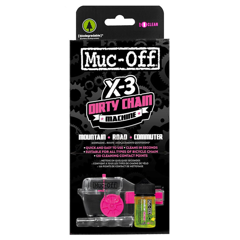 product image of muc-off x3 dirty chainmachine cleaning kit packaging against a white background