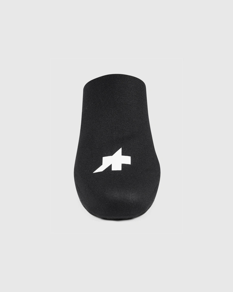 Assos Spring Fall Toe Cover P1 in black, front view showing the white Assos logo