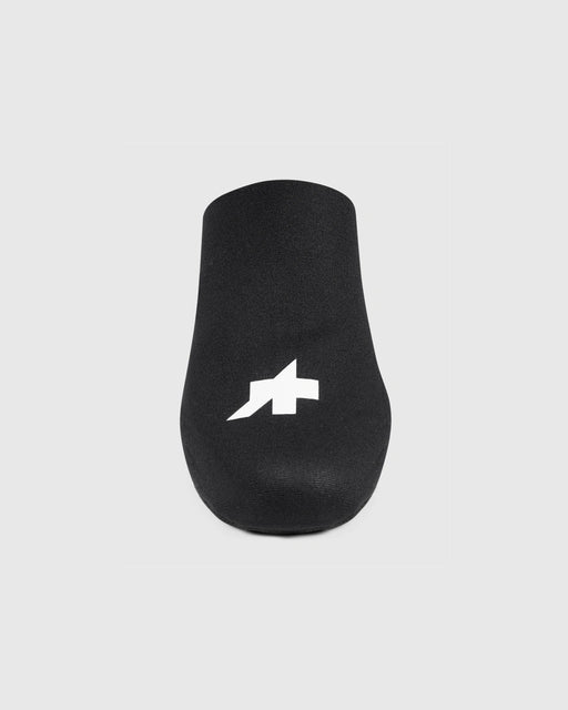 Assos Spring Fall Toe Cover P1 in black, front view showing the white Assos logo