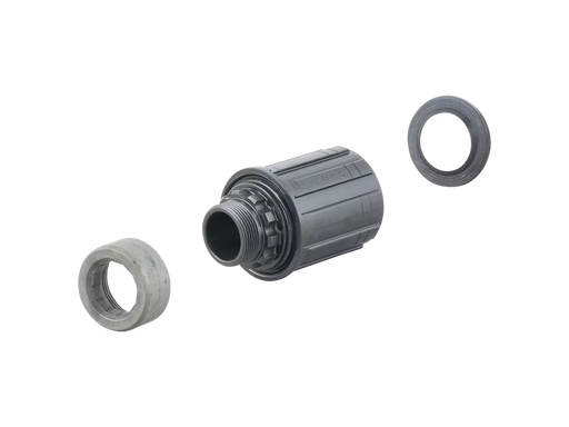 Front view of the RX‑342 freehub body shown in three floating components — main body, front ring, and rear ring — displayed in an exploded 3D layout.
