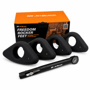 Product shot of four round JetBlack Freedom Rocker Feet with the pump in front and the orange JetBlack packaging box behind them on a white background.