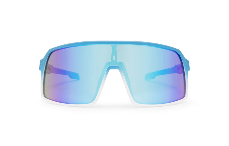 Blue x Blue sunglasses, front view with blue and white frames, medium blue stems with light blue ends and medium blue to light blue gradient lenses on a white background