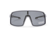 Carbon Black Charcoal sunglasses, front view with grey frames, grey stems with darker grey ends and shaded lenses on a white background