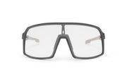 Carbon Black x Crystal sunglasses, front view with black frames, black stems with light grey ends and transparent lenses on a white background