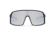 Carbon Black x Grey sunglasses, front view with black frames and shaded reflective lenses on a white background