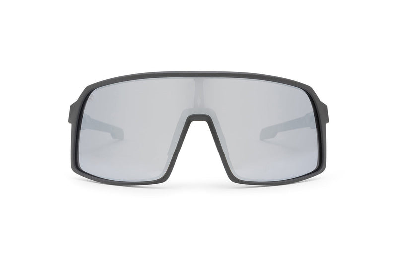 Carbon Black x Grey sunglasses, front view with black frames and shaded reflective lenses on a white background