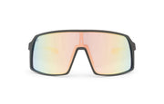 Carbon Black x Rose sunglasses, front view with black frames, black stems with pink ends and peach, blue and yellow gradient lenses on a white background