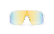 Crystal x Yellow sunglasses, front view with white frames, white stems with yellow ends and light blue to yellow gradient lenses on a white background