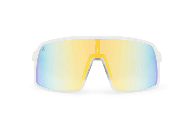Crystal x Yellow sunglasses, front view with white frames, white stems with yellow ends and light blue to yellow gradient lenses on a white background