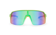 White x Green sunglasses, front view with green and white frames, green stems with lighter green ends and mauve, blue and green gradient lenses on a white background