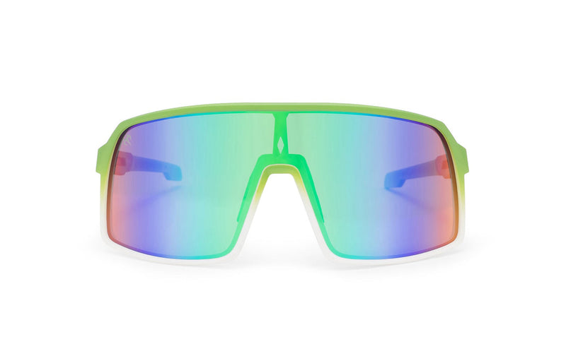 White x Green sunglasses, front view with green and white frames, green stems with lighter green ends and mauve, blue and green gradient lenses on a white background