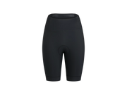 Black high-waisted cycling shorts with a padded seat, shown on a plain white background - front.