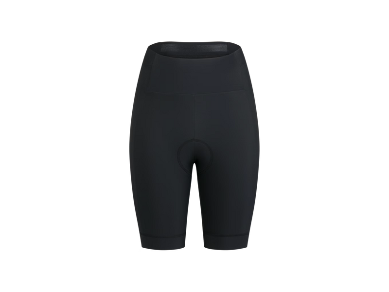 Black high-waisted cycling shorts with a padded seat, shown on a plain white background - front.