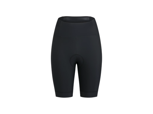 Black high-waisted cycling shorts with a padded seat, shown on a plain white background - front.
