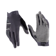 Leatt MTB 1.0 GripR Jr gloves, pair shown with one glove face down and one palm up, dark grey and medium grey with textured fabric and silicone grip details on a transparent background