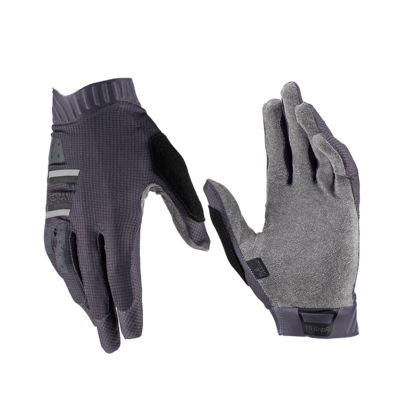 Leatt MTB 1.0 GripR Jr gloves, pair shown with one glove face down and one palm up, dark grey and medium grey with textured fabric and silicone grip details on a transparent background