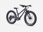 Trek Wahoo 20 Trail kids’ mountain bike in Emerald Iris, front three-quarter product view showing the iridescent purple finish, green Trek logo, handlebars, brake levers, and black grips