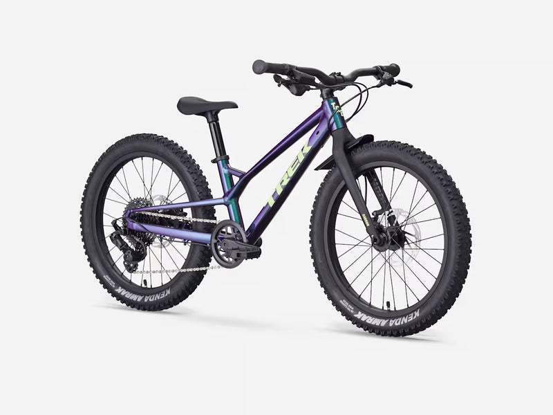 Trek Wahoo 20 Trail kids’ mountain bike in Emerald Iris, front three-quarter product view showing the iridescent purple finish, green Trek logo, handlebars, brake levers, and black grips