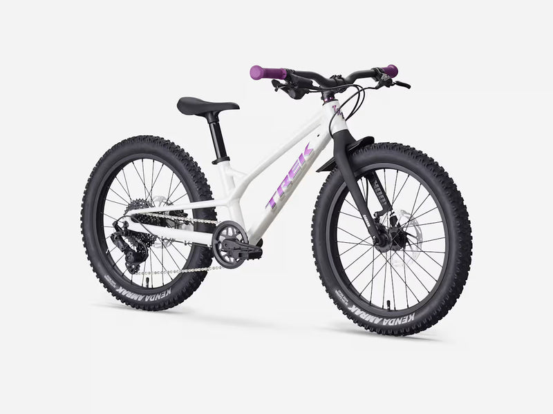 Trek Wahoo 20 Trail kids’ mountain bike in Crystal White, front three-quarter product view showing the white frame, fluorescent purple Trek logo, handlebars, brake levers, and purple grips