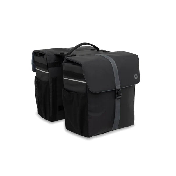Gazelle Double Pannier MIK bicycle bags in black and grey, three-quarter product view showing both pannier bags, the front bag and visible mounting strap against a white background