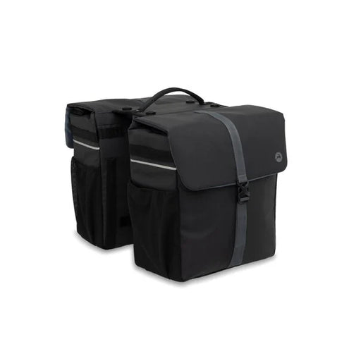 Gazelle Double Pannier MIK bicycle bags in black and grey, three-quarter product view showing both pannier bags, the front bag and visible mounting strap against a white background