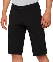 Front product view of black 100% Ridecamp mountain bike shorts featuring snap waist closure, fly detail, precision stitching, and subtle brand logo accents