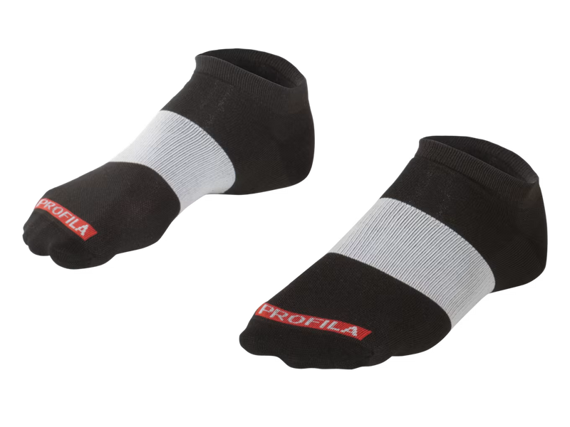 Bontrager Race No-Show cycling socks, pair of black and white striped ankle socks in a ghost mannequin front view, with a black cuff and toe, a white midsection and a red Profila label on the toe