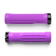 Two purple bicycle grips with black ends on a white background