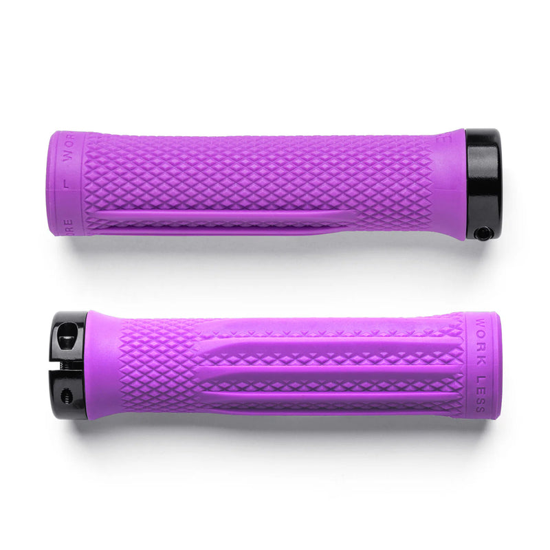 Two purple bicycle grips with black ends on a white background