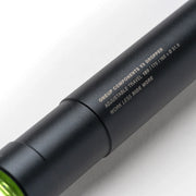 Close-up of a black bike component with text on a white background