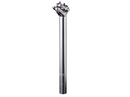 A single metallic bicycle component, likely a headset stem assembly, featuring a polished silver chrome shaft and a multi-pronged bearing cup at the top, isolated on a solid white background.