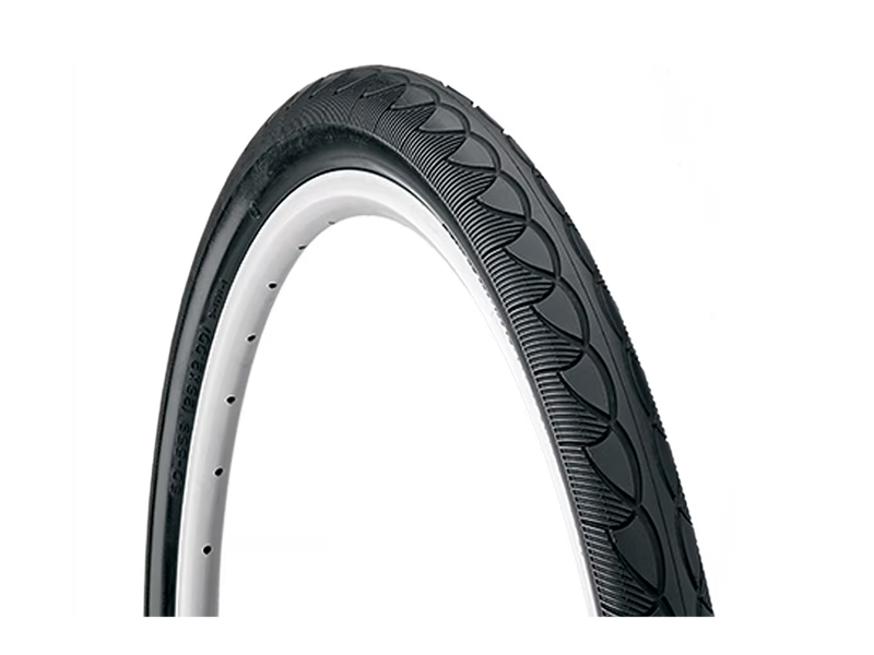A black bicycle tire with a distinctive tread pattern, shown mounted on a white rim against a solid white background.