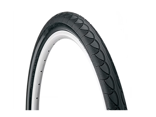 A black bicycle tire with a distinctive tread pattern, shown mounted on a white rim against a solid white background.