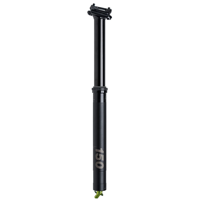 Black bicycle seat post with '150' marking on a white background