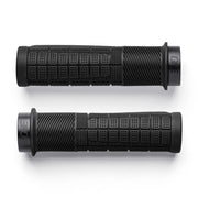 Pair of black motorcycle grips with textured pattern on a white background