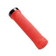 Red bicycle handlebar grip with black end cap on a white background