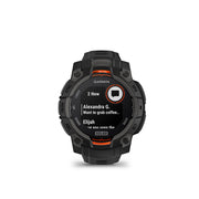 Garmin smartwatch with display showing notifications on a white background