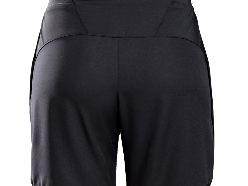Bontrager Kalia women's cycling shorts rear view product image in black, showcasing the wide waistband, ergonomic panel stitching, zippered rear storage pocket, lightweight draping fabric, and relaxed cycling-specific fit.