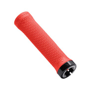 Red bicycle handlebar grip with textured surface on a white background