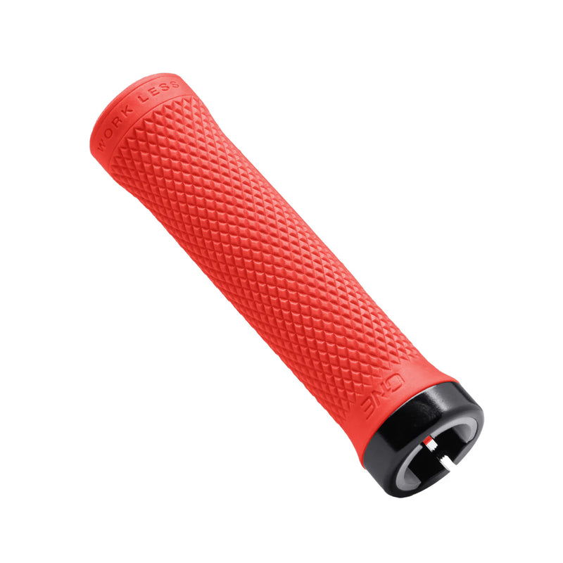 Red bicycle handlebar grip with textured surface on a white background