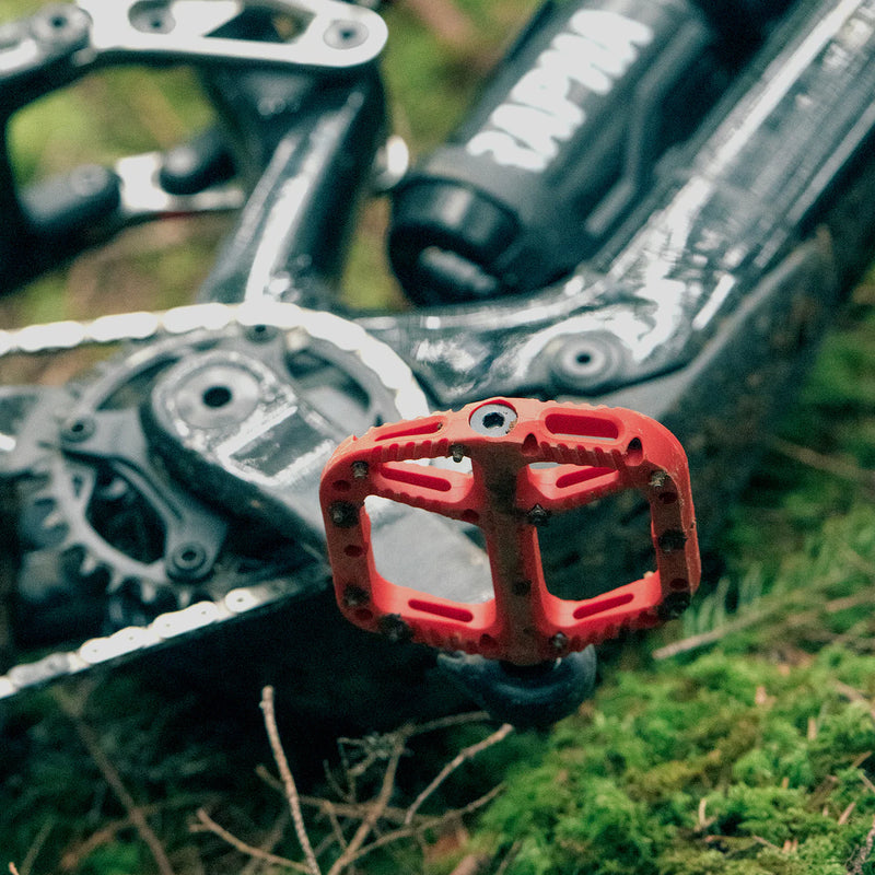 Close-up of a bicycle pedal with a red design on a blurred natural background