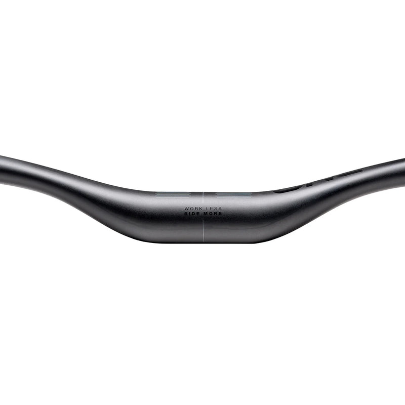 Bicycle handlebar with 'Work Less Ride More' text on a white background