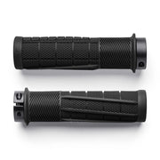 Two black motorcycle grips with textured pattern on a white background