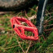 Red foot peg on a motorcycle with grass in the background
